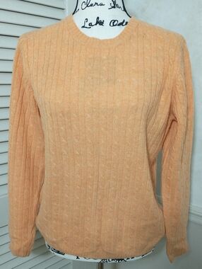 LL Bean Lambswool Orange Crew Neck Cable Knit Sweater, Size Medium, Cottage Core